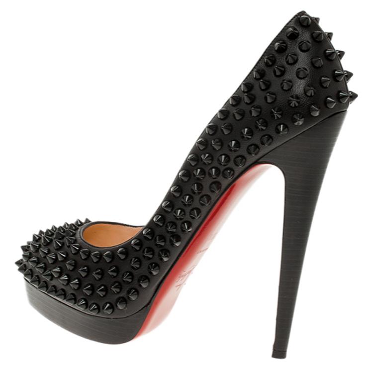 Pre Owned Christian Louboutin Black Leather Alti Spikes Platform Pumps Size 37.5