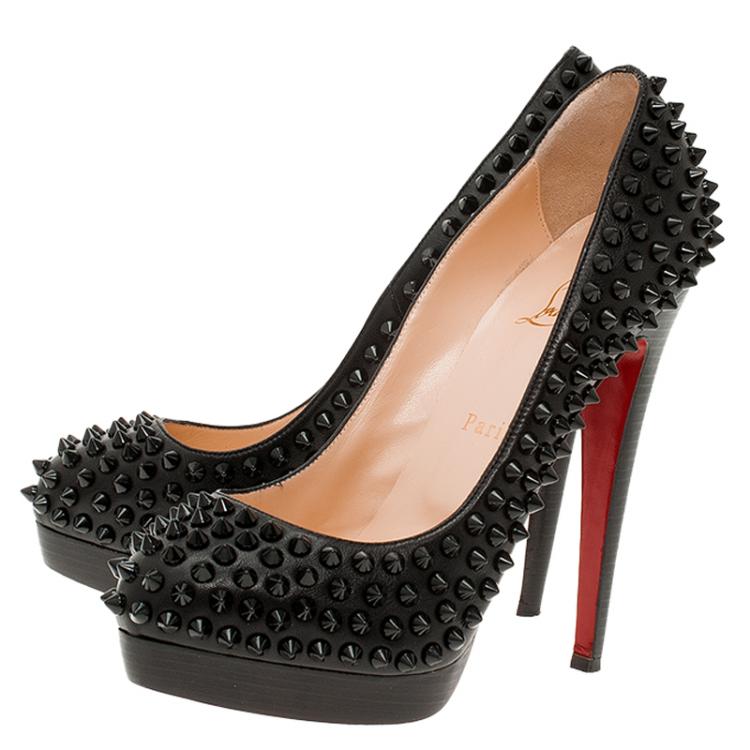 Pre Owned Christian Louboutin Black Leather Alti Spikes Platform Pumps Size 37.5