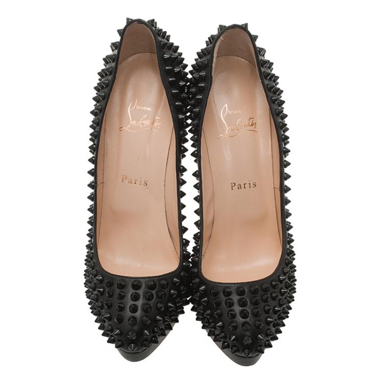 Pre Owned Christian Louboutin Black Leather Alti Spikes Platform Pumps Size 37.5