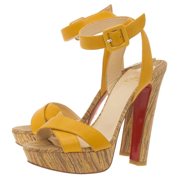 Pre Owned Christian Louboutin Yellow Leather Criss Cross Ankle Strap Platform Sandals Size 37.5 