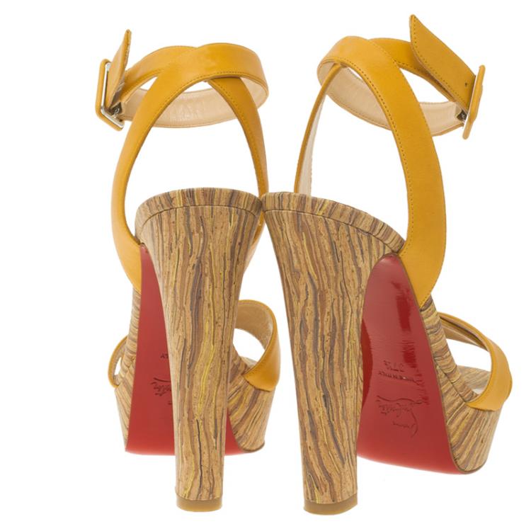 Pre Owned Christian Louboutin Yellow Leather Criss Cross Ankle Strap Platform Sandals Size 37.5 