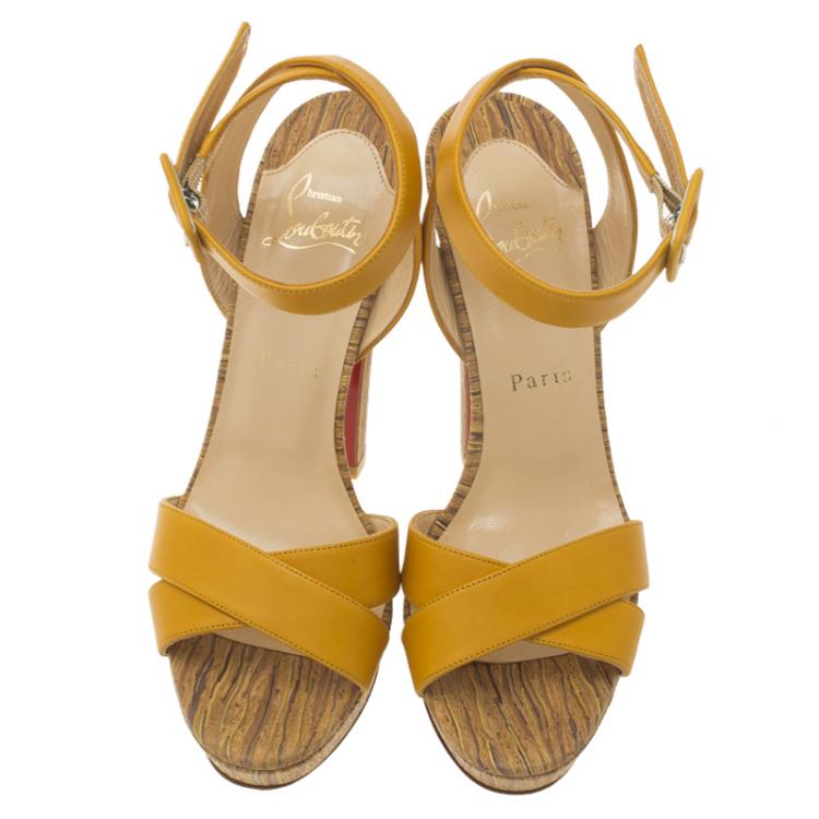 Pre Owned Christian Louboutin Yellow Leather Criss Cross Ankle Strap Platform Sandals Size 37.5 
