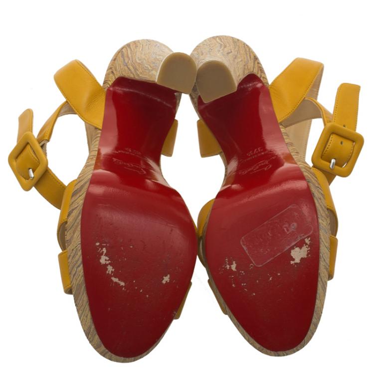 Pre Owned Christian Louboutin Yellow Leather Criss Cross Ankle Strap Platform Sandals Size 37.5 