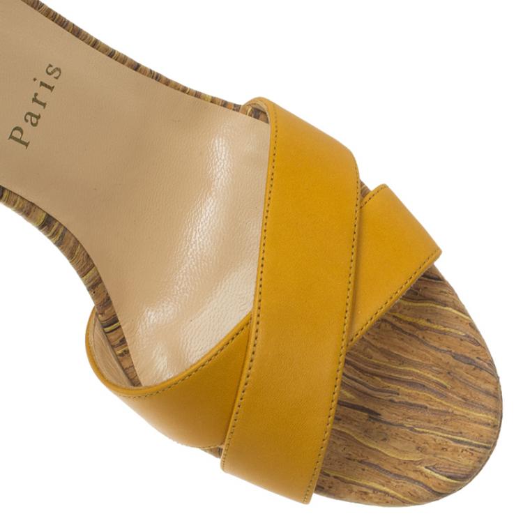 Pre Owned Christian Louboutin Yellow Leather Criss Cross Ankle Strap Platform Sandals Size 37.5 