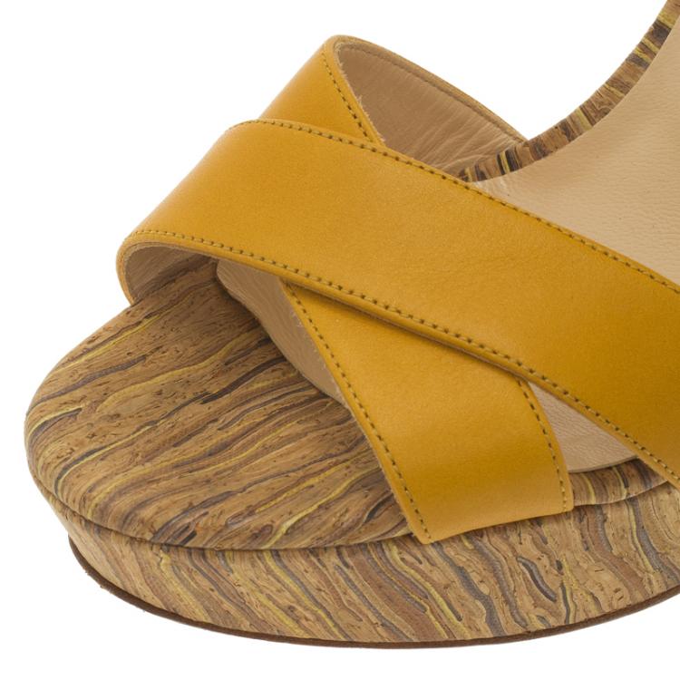 Pre Owned Christian Louboutin Yellow Leather Criss Cross Ankle Strap Platform Sandals Size 37.5 