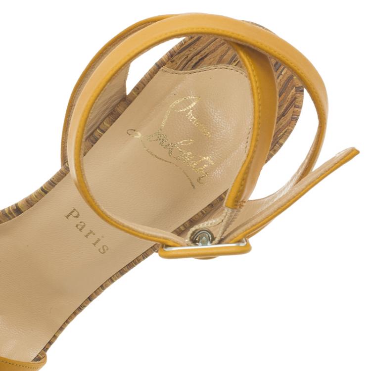 Pre Owned Christian Louboutin Yellow Leather Criss Cross Ankle Strap Platform Sandals Size 37.5 