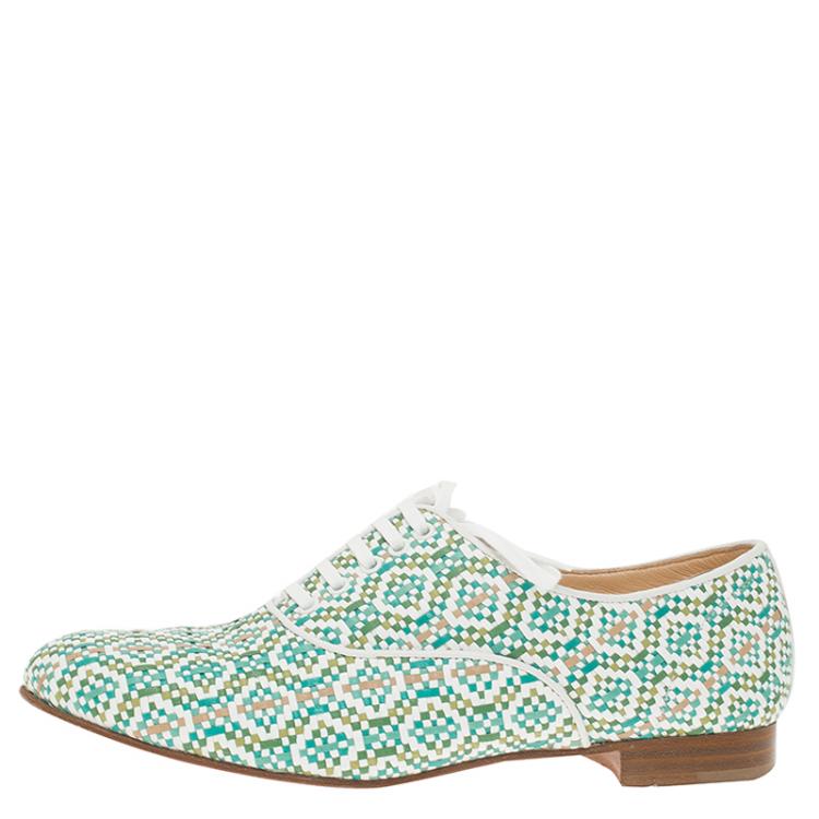 Pre Owned Christian Louboutin Green and White Fred Woven Oxfords Size 38