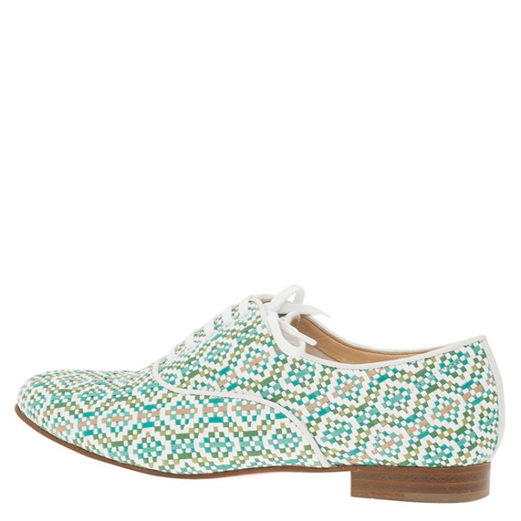 Pre Owned Christian Louboutin Green and White Fred Woven Oxfords Size 38