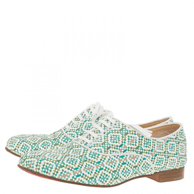 Pre Owned Christian Louboutin Green and White Fred Woven Oxfords Size 38