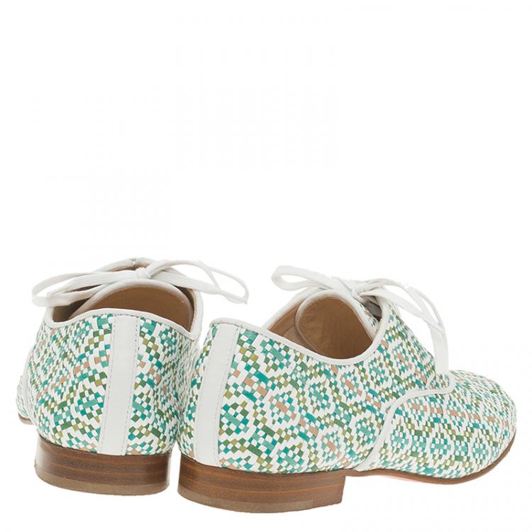 Pre Owned Christian Louboutin Green and White Fred Woven Oxfords Size 38