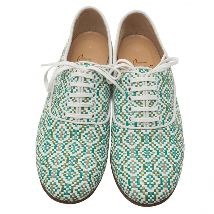 Pre Owned Christian Louboutin Green and White Fred Woven Oxfords Size 38
