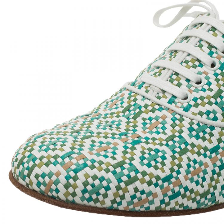 Pre Owned Christian Louboutin Green and White Fred Woven Oxfords Size 38