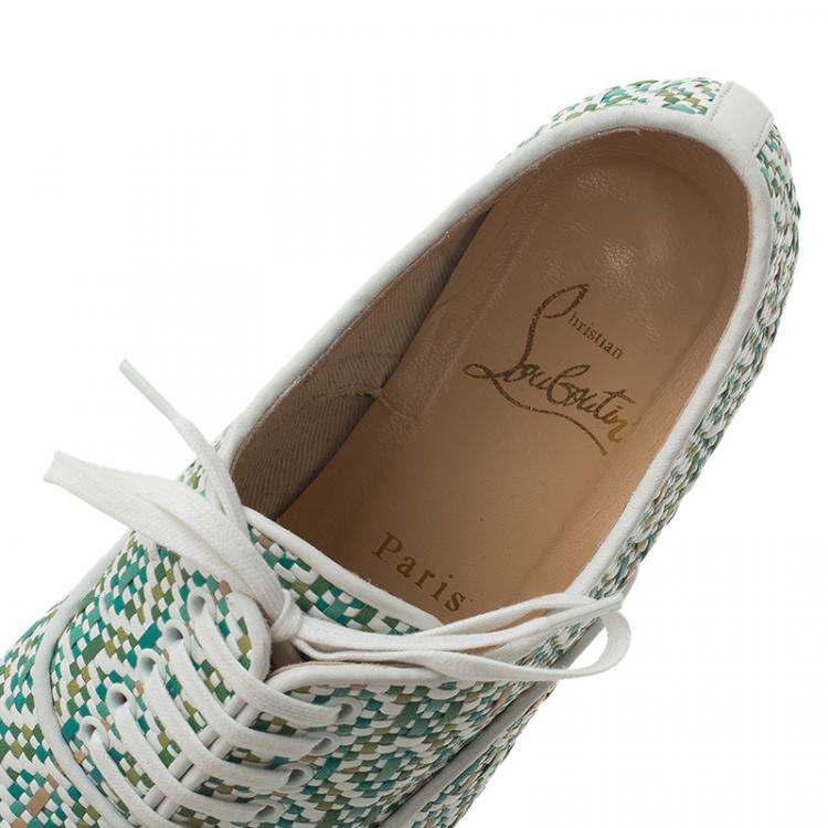 Pre Owned Christian Louboutin Green and White Fred Woven Oxfords Size 38