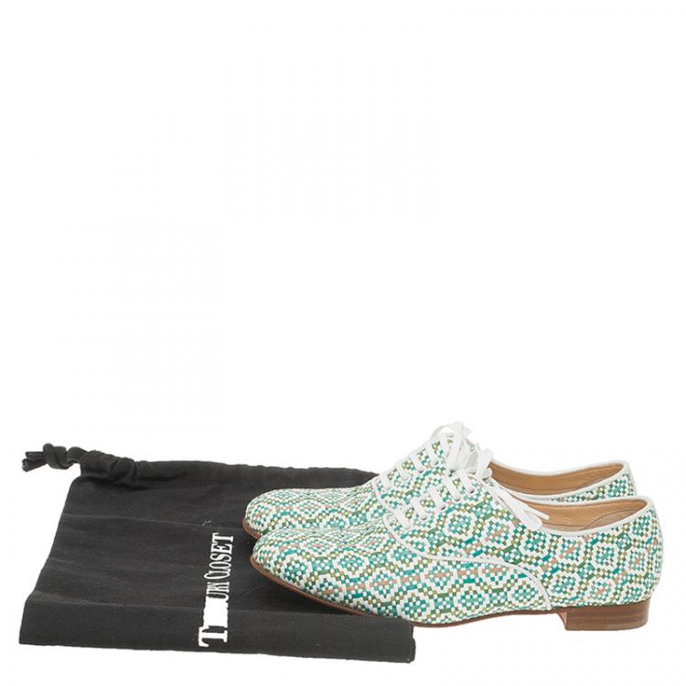 Pre Owned Christian Louboutin Green and White Fred Woven Oxfords Size 38