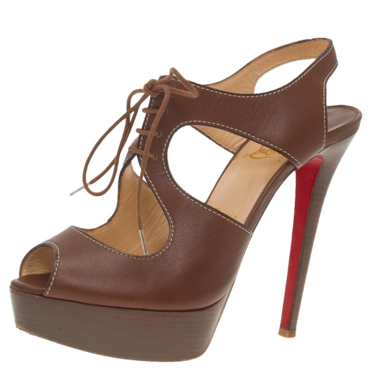 Pre Owned Christian Louboutin Brown Leather Serena Lace Up Peep Toe Platform Sandals Size 37.5