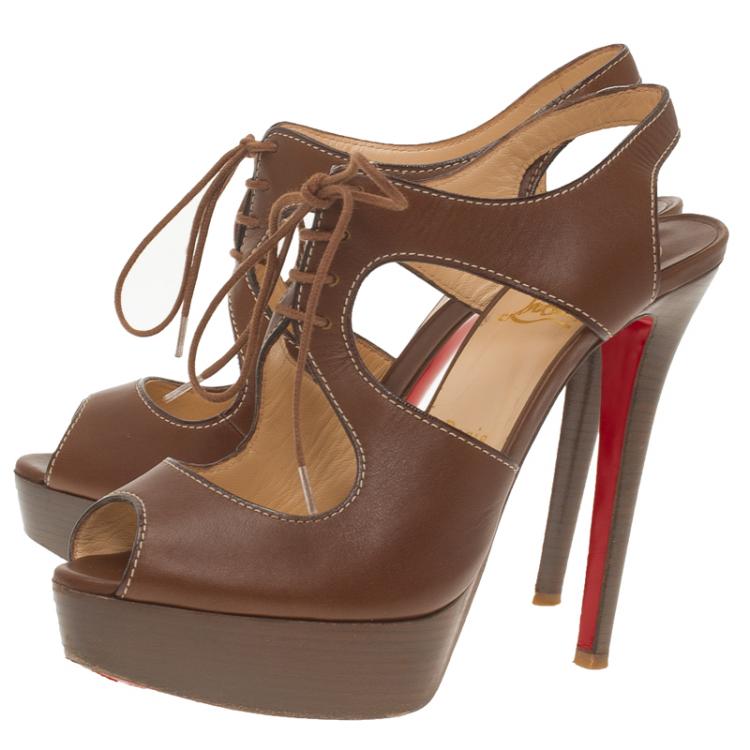 Pre Owned Christian Louboutin Brown Leather Serena Lace Up Peep Toe Platform Sandals Size 37.5