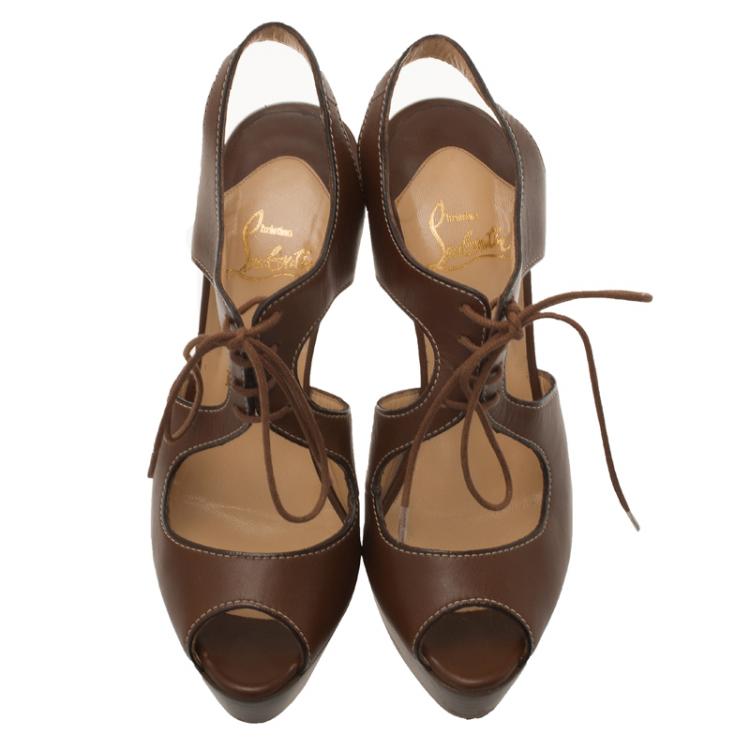 Pre Owned Christian Louboutin Brown Leather Serena Lace Up Peep Toe Platform Sandals Size 37.5