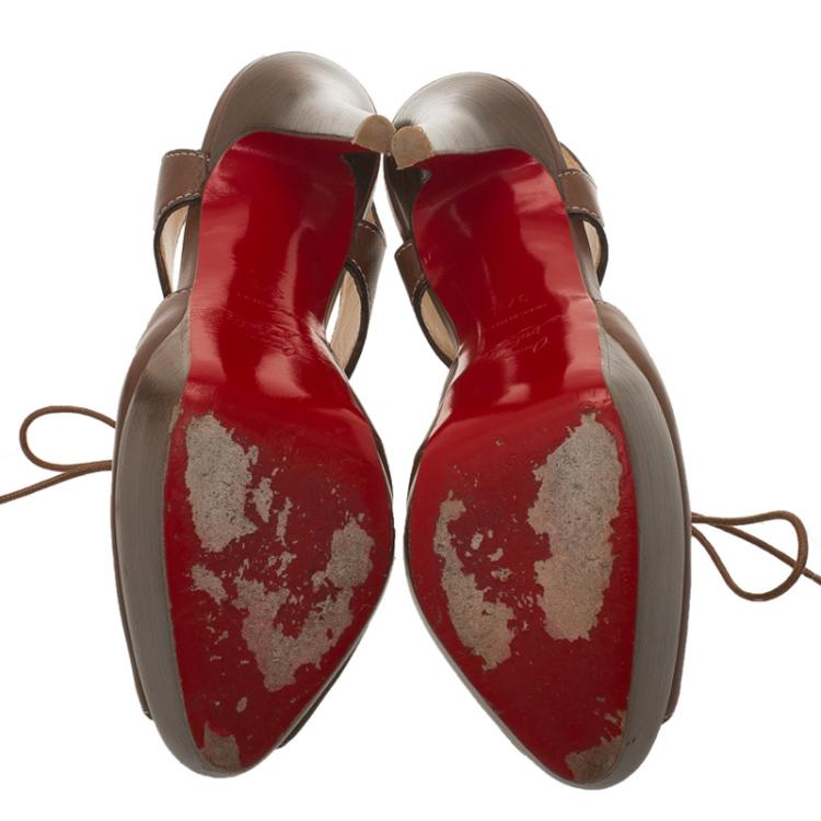Pre Owned Christian Louboutin Brown Leather Serena Lace Up Peep Toe Platform Sandals Size 37.5