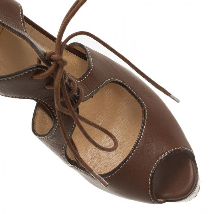 Pre Owned Christian Louboutin Brown Leather Serena Lace Up Peep Toe Platform Sandals Size 37.5