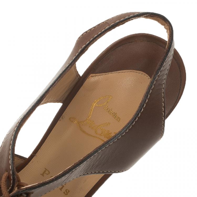 Pre Owned Christian Louboutin Brown Leather Serena Lace Up Peep Toe Platform Sandals Size 37.5
