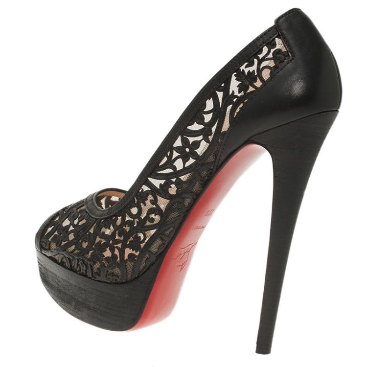 Pre Owned Christian Louboutin Black Laser Cut Leather Pampas Platform Pumps Size 37.5