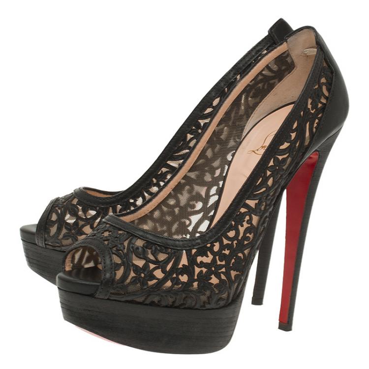 Pre Owned Christian Louboutin Black Laser Cut Leather Pampas Platform Pumps Size 37.5