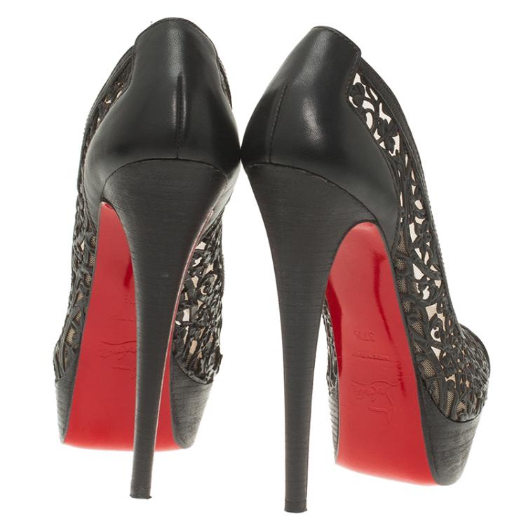 Pre Owned Christian Louboutin Black Laser Cut Leather Pampas Platform Pumps Size 37.5