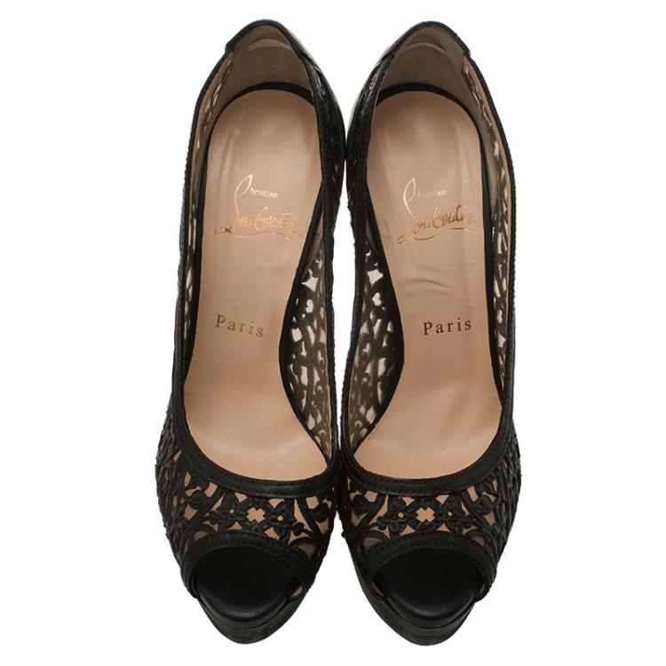 Pre Owned Christian Louboutin Black Laser Cut Leather Pampas Platform Pumps Size 37.5