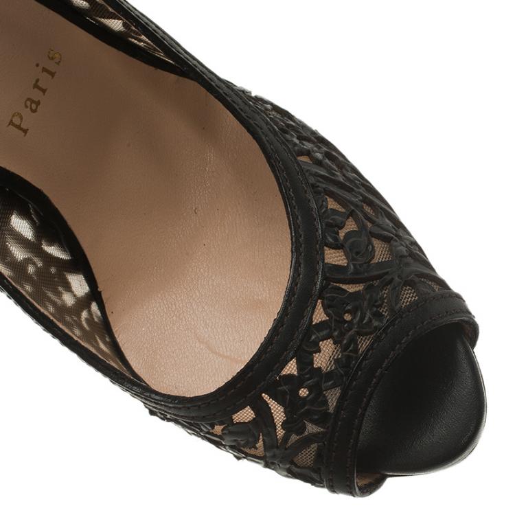 Pre Owned Christian Louboutin Black Laser Cut Leather Pampas Platform Pumps Size 37.5