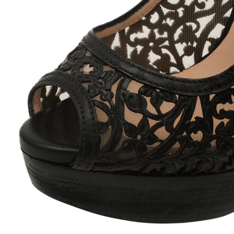 Pre Owned Christian Louboutin Black Laser Cut Leather Pampas Platform Pumps Size 37.5