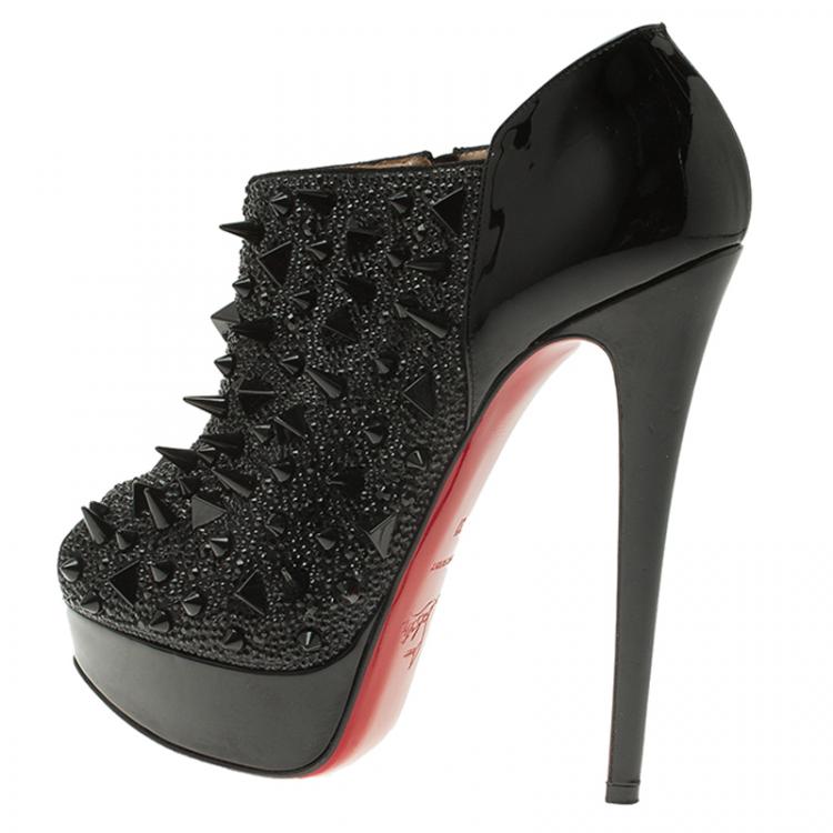 Pre Owned Christian Louboutin Black Patent Bridget's Back Spike Peep Toe Ankle Boots Size 37