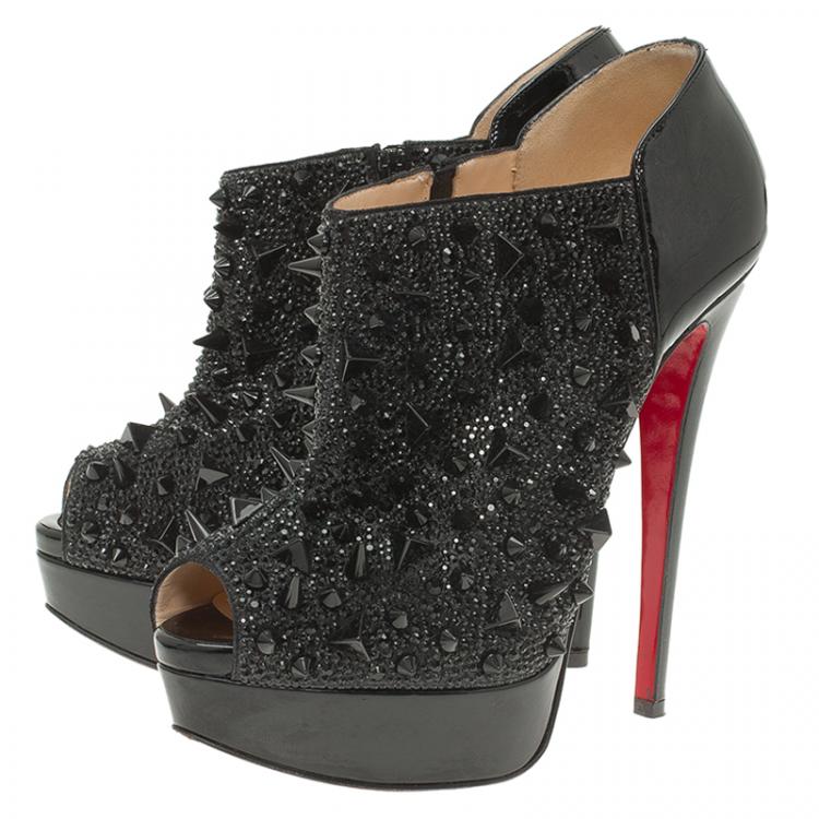 Pre Owned Christian Louboutin Black Patent Bridget's Back Spike Peep Toe Ankle Boots Size 37