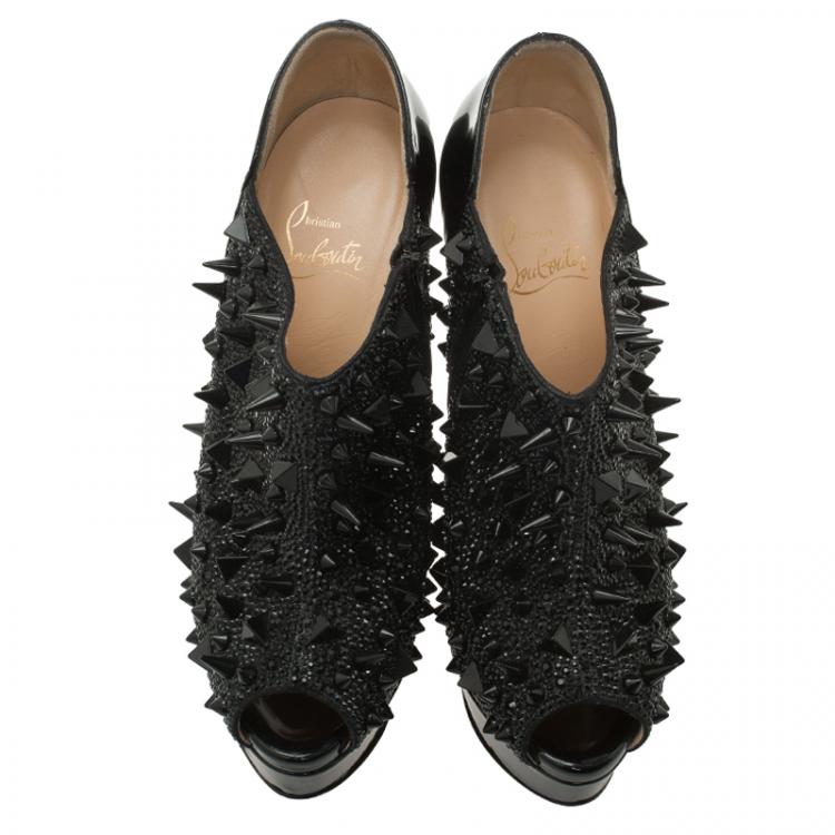 Pre Owned Christian Louboutin Black Patent Bridget's Back Spike Peep Toe Ankle Boots Size 37