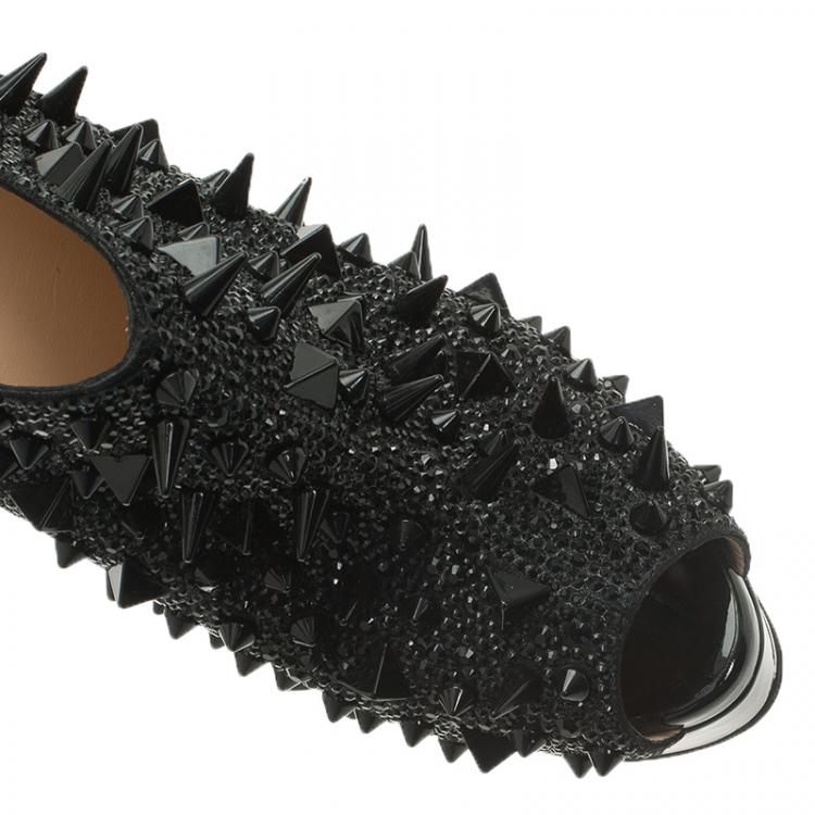 Pre Owned Christian Louboutin Black Patent Bridget's Back Spike Peep Toe Ankle Boots Size 37