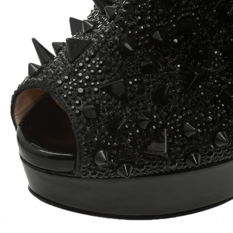 Pre Owned Christian Louboutin Black Patent Bridget's Back Spike Peep Toe Ankle Boots Size 37