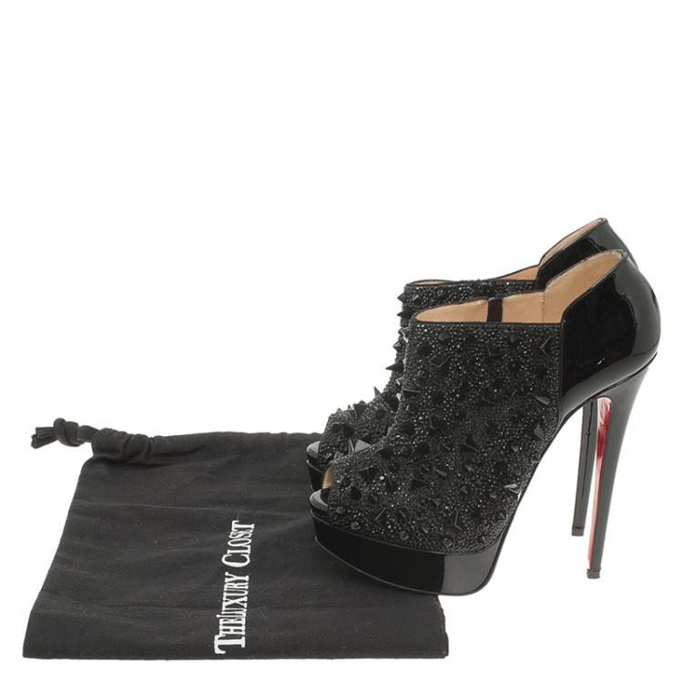 Pre Owned Christian Louboutin Black Patent Bridget's Back Spike Peep Toe Ankle Boots Size 37