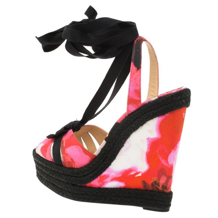 Pre Owned Christian Louboutin Pink Floral Canvas Isabella Espadrille Tie Around Wedge Sandals Size 37