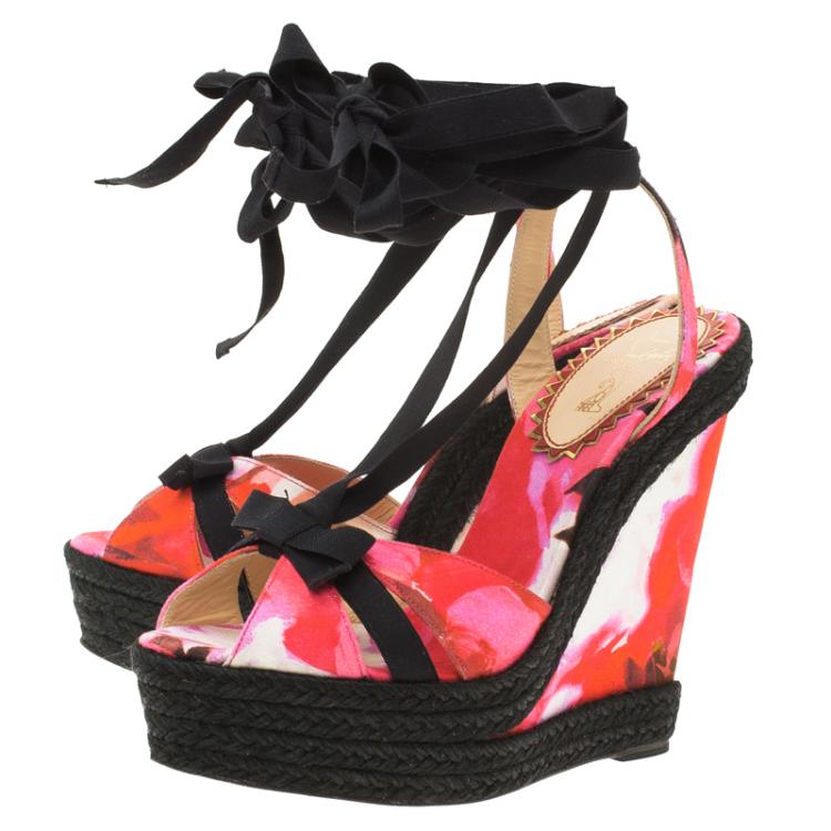 Pre Owned Christian Louboutin Pink Floral Canvas Isabella Espadrille Tie Around Wedge Sandals Size 37