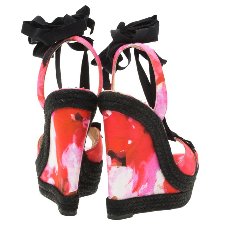 Pre Owned Christian Louboutin Pink Floral Canvas Isabella Espadrille Tie Around Wedge Sandals Size 37