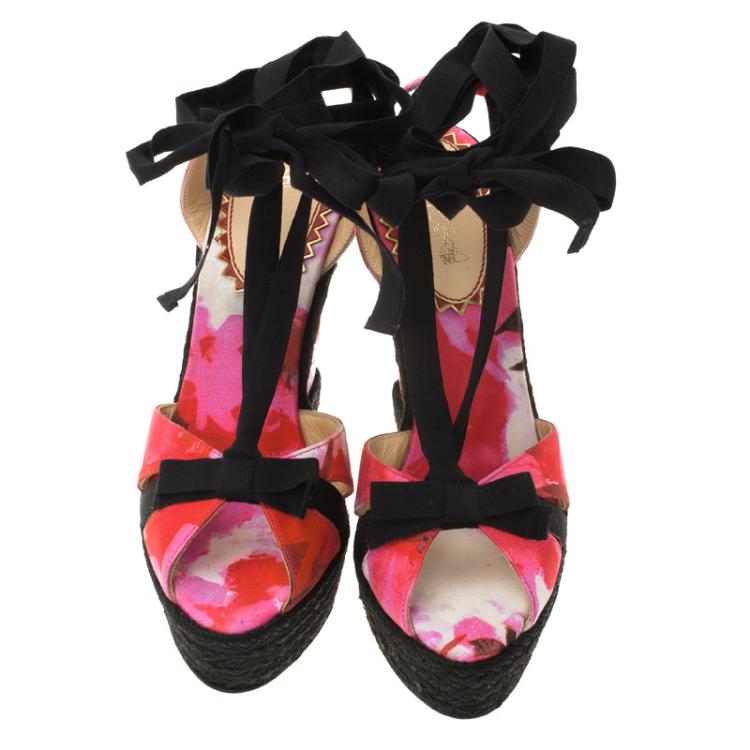 Pre Owned Christian Louboutin Pink Floral Canvas Isabella Espadrille Tie Around Wedge Sandals Size 37