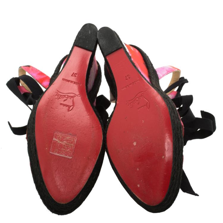 Pre Owned Christian Louboutin Pink Floral Canvas Isabella Espadrille Tie Around Wedge Sandals Size 37