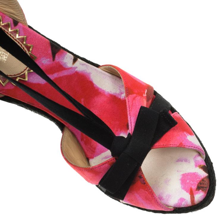 Pre Owned Christian Louboutin Pink Floral Canvas Isabella Espadrille Tie Around Wedge Sandals Size 37