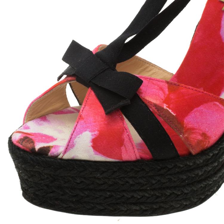 Pre Owned Christian Louboutin Pink Floral Canvas Isabella Espadrille Tie Around Wedge Sandals Size 37