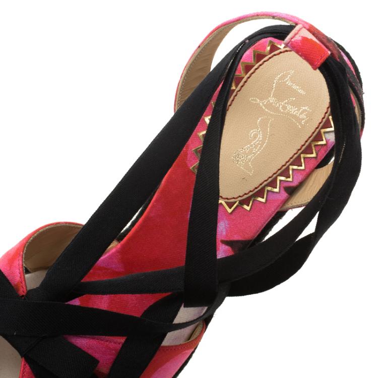 Pre Owned Christian Louboutin Pink Floral Canvas Isabella Espadrille Tie Around Wedge Sandals Size 37