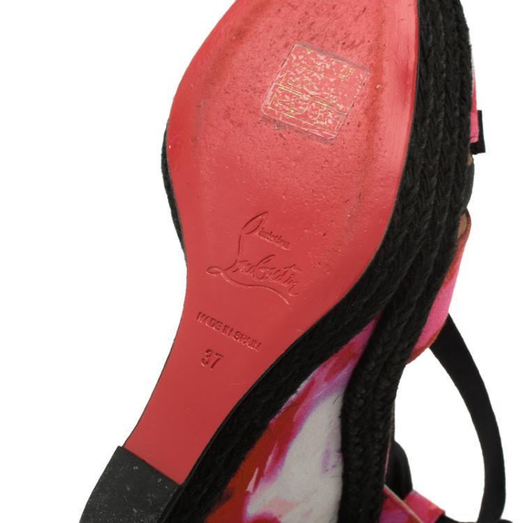 Pre Owned Christian Louboutin Pink Floral Canvas Isabella Espadrille Tie Around Wedge Sandals Size 37