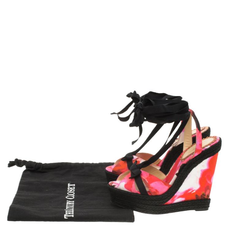 Pre Owned Christian Louboutin Pink Floral Canvas Isabella Espadrille Tie Around Wedge Sandals Size 37