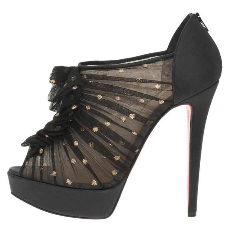 مملوكة مسبقًا Christian Louboutin Black Satin Ruffled Peep Toe Ankle Boots Size 37