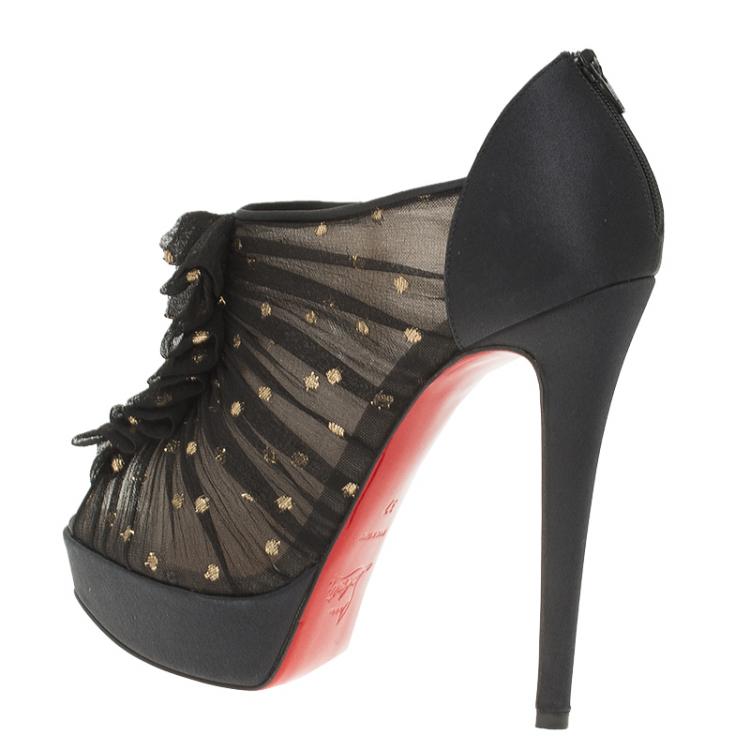 مملوكة مسبقًا Christian Louboutin Black Satin Ruffled Peep Toe Ankle Boots Size 37