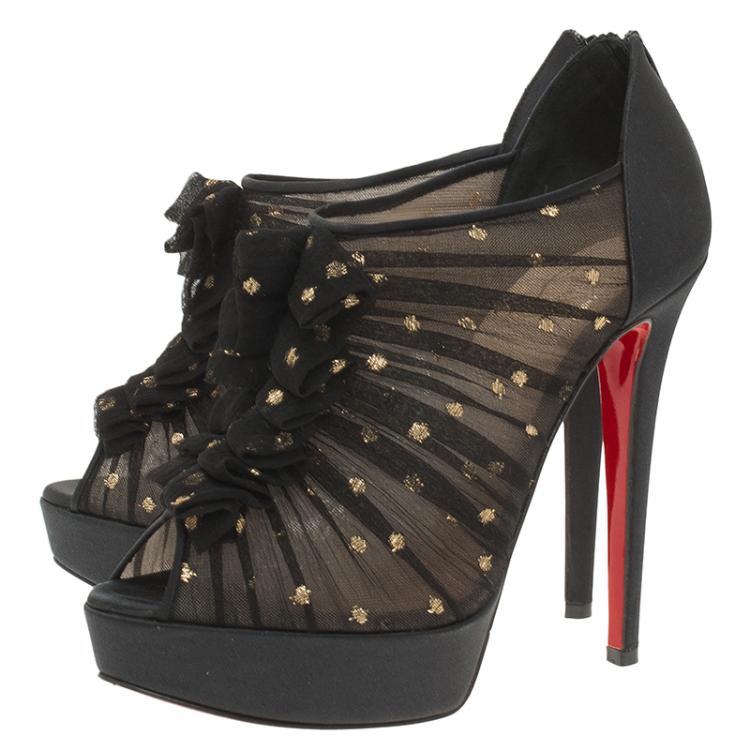 مملوكة مسبقًا Christian Louboutin Black Satin Ruffled Peep Toe Ankle Boots Size 37
