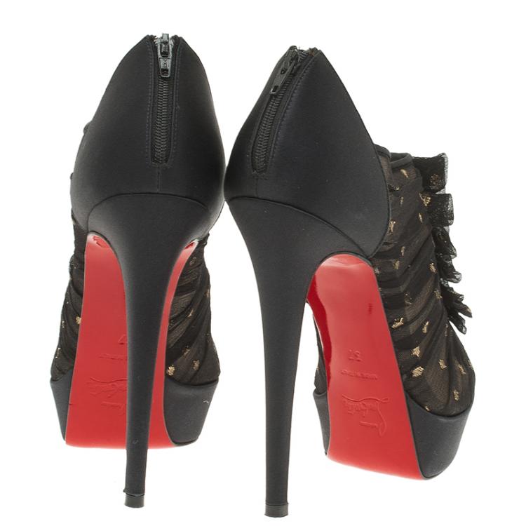 مملوكة مسبقًا Christian Louboutin Black Satin Ruffled Peep Toe Ankle Boots Size 37
